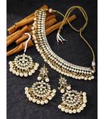 Aheli white kundan pearl choker necklace earring maang tikka traditional jewellery set for women