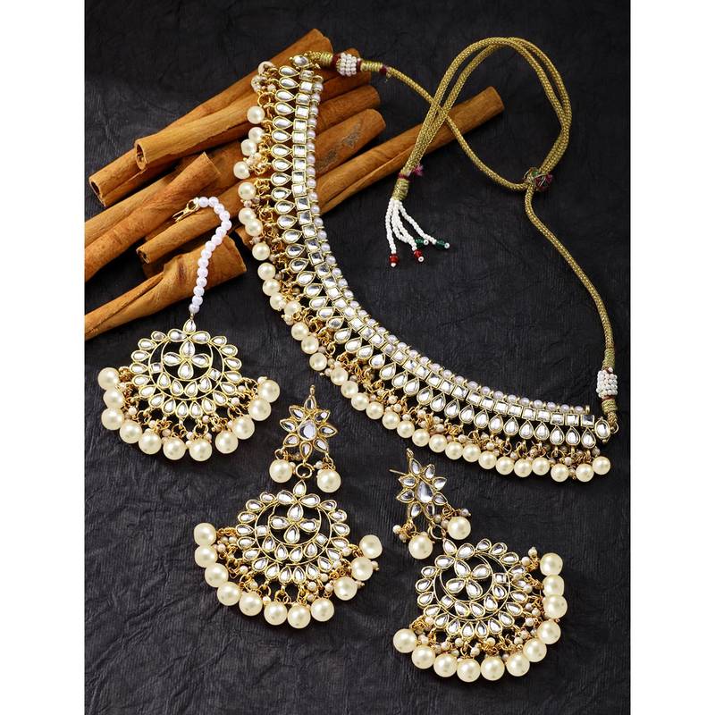 Aheli white kundan pearl choker necklace earring maang tikka traditional jewellery set for women