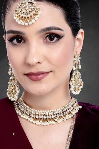 Aheli white kundan pearl choker necklace earring maang tikka traditional jewellery set for women