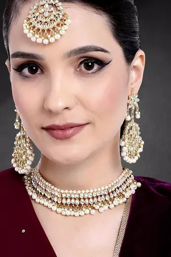 Aheli white kundan pearl choker necklace earring maang tikka traditional jewellery set for women