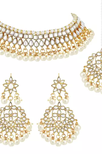 Aheli white kundan pearl choker necklace earring maang tikka traditional jewellery set for women