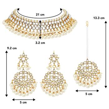 Aheli white kundan pearl choker necklace earring maang tikka traditional jewellery set for women 4