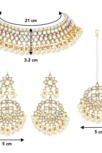 Aheli white kundan pearl choker necklace earring maang tikka traditional jewellery set for women