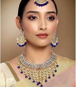 Aheli traditional kundan & pearl drop blue choker necklace earring set with maang tikka for women