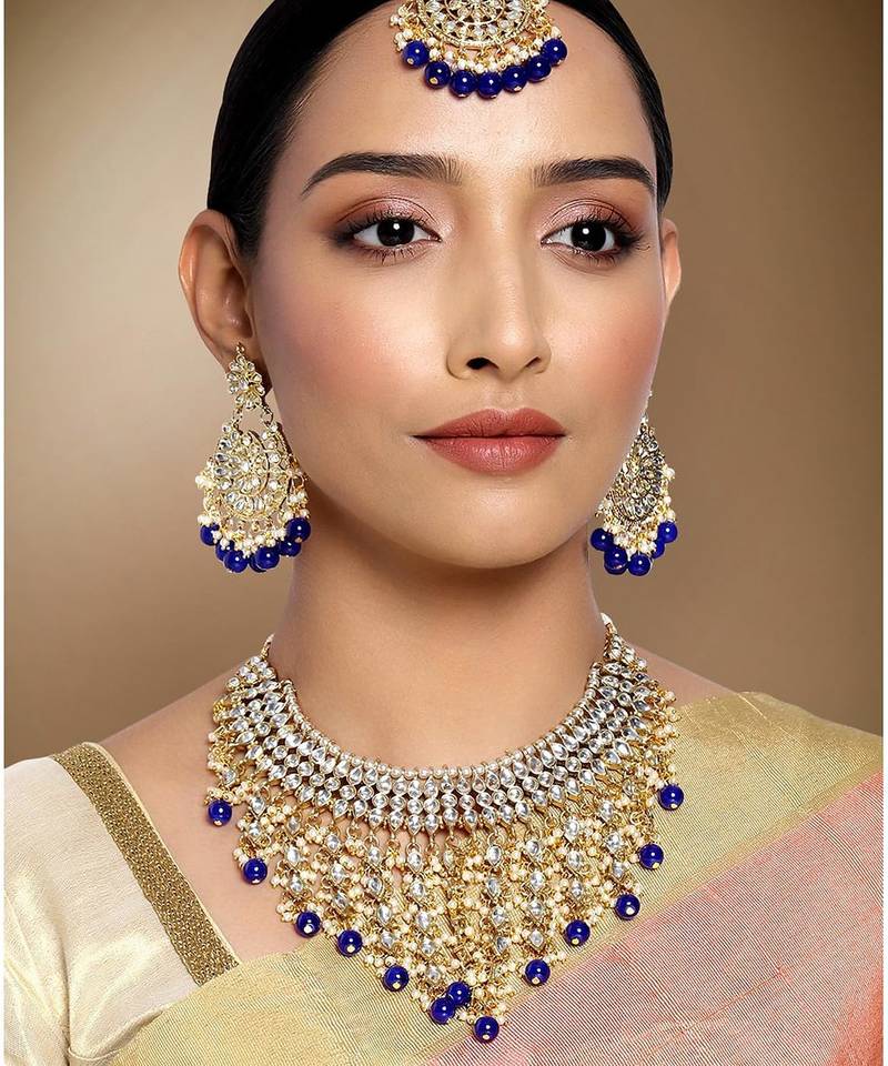 Aheli traditional kundan & pearl drop blue choker necklace earring set with maang tikka for women
