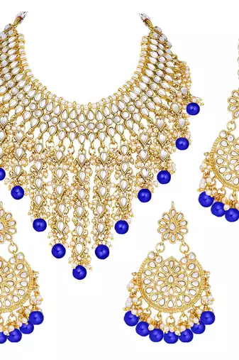 Aheli traditional kundan & pearl drop blue choker necklace earring set with maang tikka for women