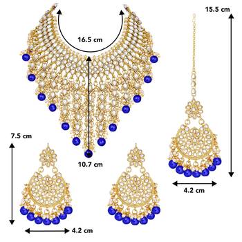 Aheli traditional kundan & pearl drop blue choker necklace earring set with maang tikka for women 4