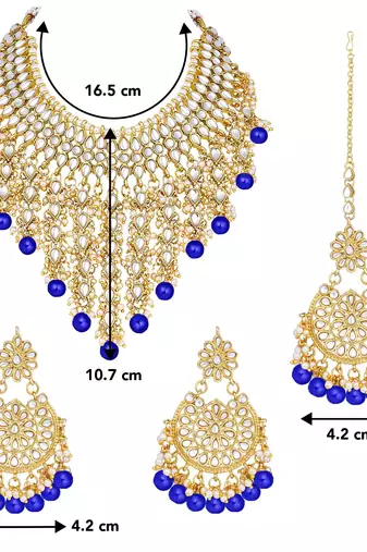 Aheli traditional kundan & pearl drop blue choker necklace earring set with maang tikka for women