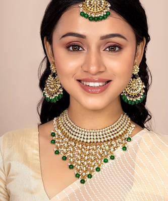 Aheli traditional kundan & pearl drop bridal dulhan necklace earring with maang tikka jewellery set for women 1