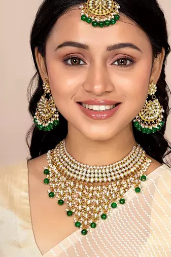 Aheli traditional kundan & pearl drop bridal dulhan necklace earring with maang tikka jewellery set for women