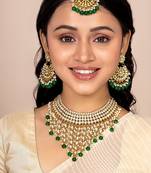 Aheli traditional kundan & pearl drop bridal dulhan necklace earring with maang tikka jewellery set for women