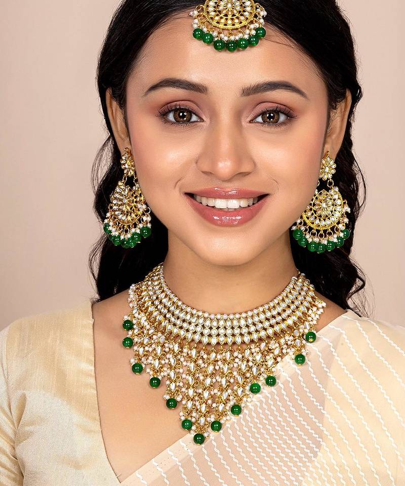 Aheli traditional kundan & pearl drop bridal dulhan necklace earring with maang tikka jewellery set for women