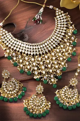 Aheli traditional kundan & pearl drop bridal dulhan necklace earring with maang tikka jewellery set for women