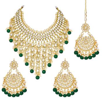 Aheli traditional kundan & pearl drop bridal dulhan necklace earring with maang tikka jewellery set for women 3