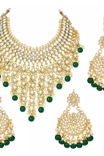Aheli traditional kundan & pearl drop bridal dulhan necklace earring with maang tikka jewellery set for women