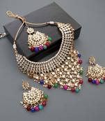 Aheli traditional kundan & pearl drop multicolour choker necklace earring set with maang tikka for women