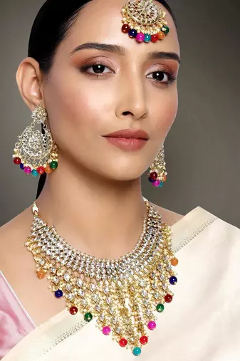 Aheli traditional kundan & pearl drop multicolour choker necklace earring set with maang tikka for women