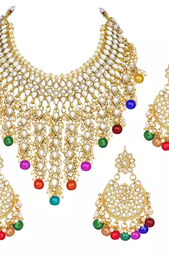 Aheli traditional kundan & pearl drop multicolour choker necklace earring set with maang tikka for women