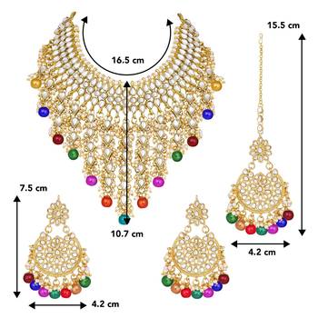 Aheli traditional kundan & pearl drop multicolour choker necklace earring set with maang tikka for women 4