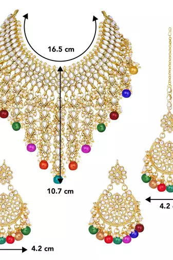 Aheli traditional kundan & pearl drop multicolour choker necklace earring set with maang tikka for women