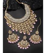 Aheli traditional kundan & pearl drop pink choker necklace earring set with maang tikka for women