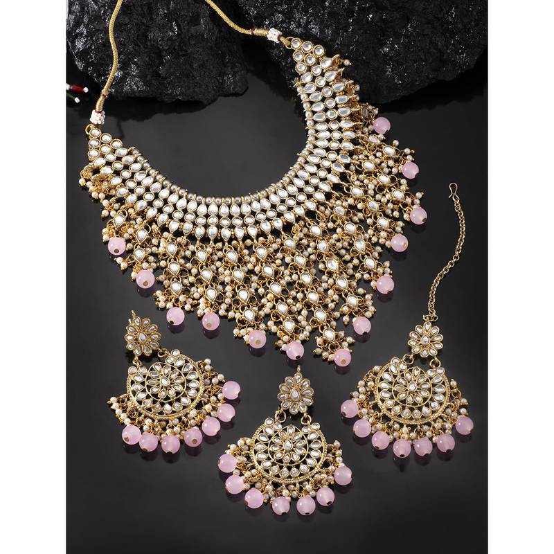 Aheli traditional kundan & pearl drop pink choker necklace earring set with maang tikka for women