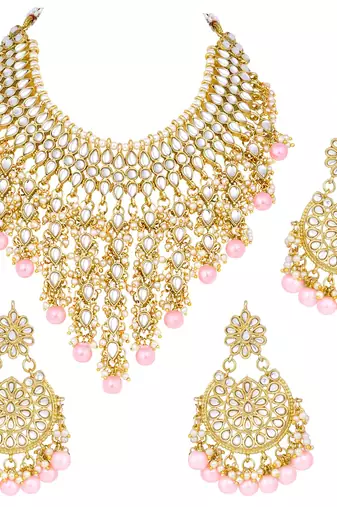 Aheli traditional kundan & pearl drop pink choker necklace earring set with maang tikka for women