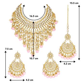 Aheli traditional kundan & pearl drop pink choker necklace earring set with maang tikka for women 4