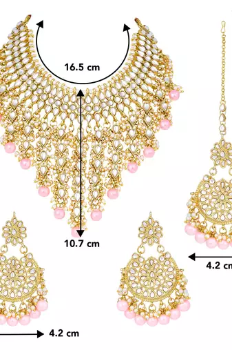 Aheli traditional kundan & pearl drop pink choker necklace earring set with maang tikka for women