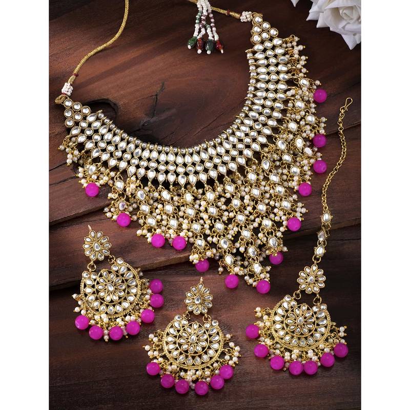 Aheli traditional kundan & pearl drop rani pink choker necklace earring set with maang tikka for women