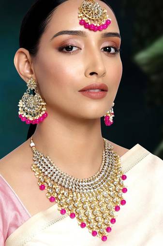Aheli traditional kundan & pearl drop rani pink choker necklace earring set with maang tikka for women