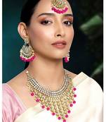 Aheli traditional kundan & pearl drop rani pink choker necklace earring set with maang tikka for women