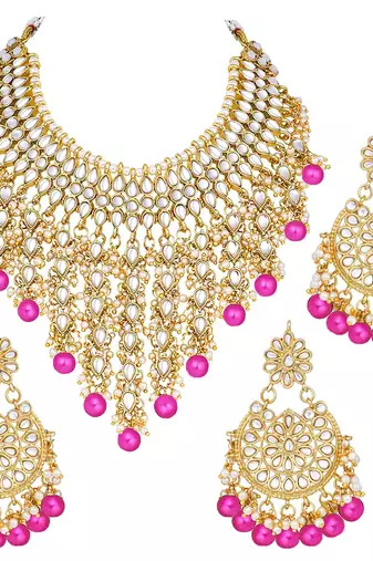 Aheli traditional kundan & pearl drop rani pink choker necklace earring set with maang tikka for women