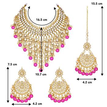Aheli traditional kundan & pearl drop rani pink choker necklace earring set with maang tikka for women 4