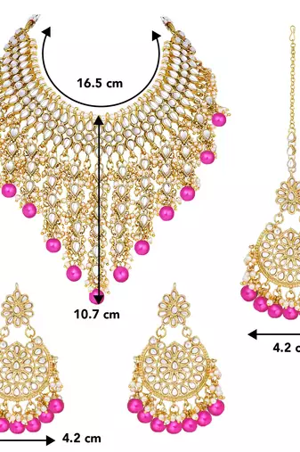 Aheli traditional kundan & pearl drop rani pink choker necklace earring set with maang tikka for women