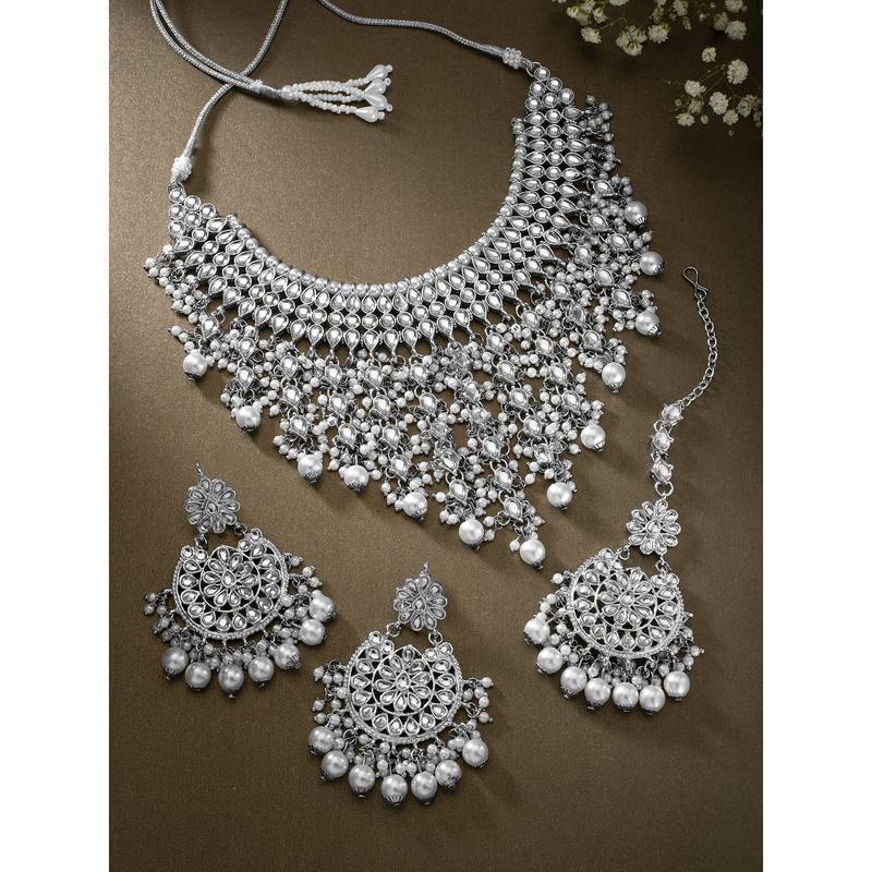 Aheli traditional kundan & pearl drop choker necklace earring set with maang tikka for women