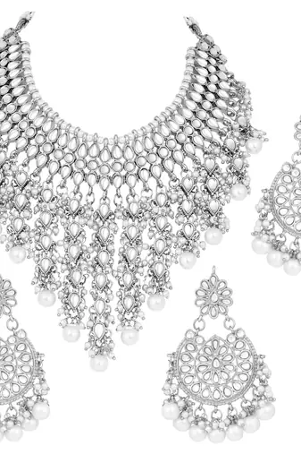 Aheli traditional kundan & pearl drop choker necklace earring set with maang tikka for women