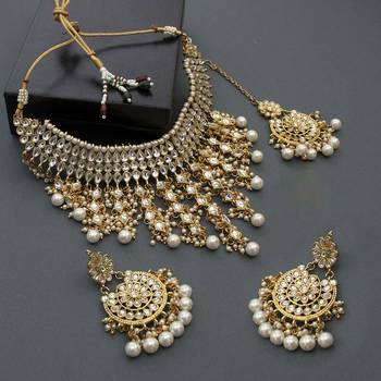 Aheli traditional kundan & pearl drop white choker necklace earring set with maang tikka gift for women 2