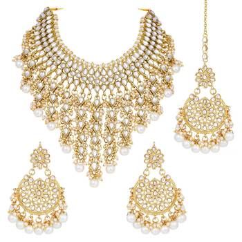 Aheli traditional kundan & pearl drop white choker necklace earring set with maang tikka gift for women 3