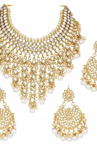 Aheli traditional kundan & pearl drop white choker necklace earring set with maang tikka gift for women