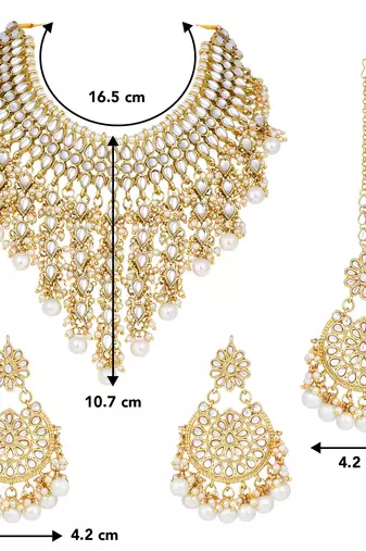 Aheli traditional kundan & pearl drop white choker necklace earring set with maang tikka gift for women