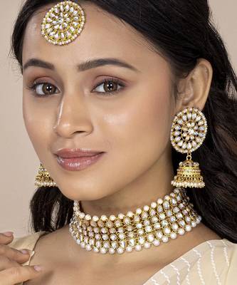 Aheli traditional kundan pearl choker necklace with earring maang tikka jewellery set for women 1