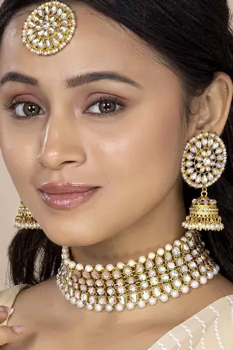 Aheli traditional kundan pearl choker necklace with earring maang tikka jewellery set for women