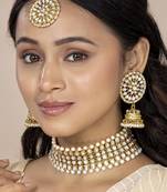 Aheli traditional kundan pearl choker necklace with earring maang tikka jewellery set for women