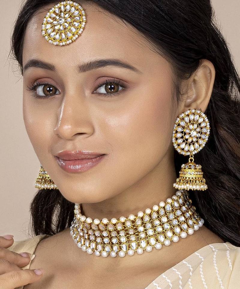Aheli traditional kundan pearl choker necklace with earring maang tikka jewellery set for women