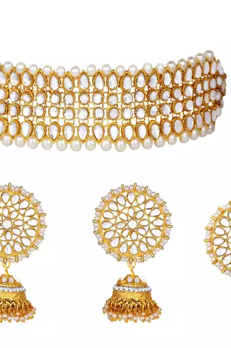 Aheli traditional kundan pearl choker necklace with earring maang tikka jewellery set for women