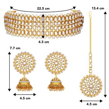 Aheli traditional kundan pearl choker necklace with earring maang tikka jewellery set for women 4