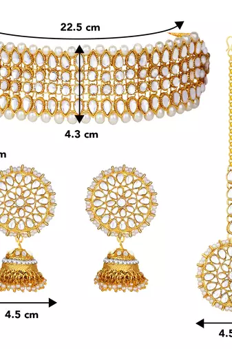 Aheli traditional kundan pearl choker necklace with earring maang tikka jewellery set for women