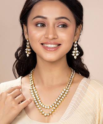 Aheli white kundan long necklace set with earring for women 1