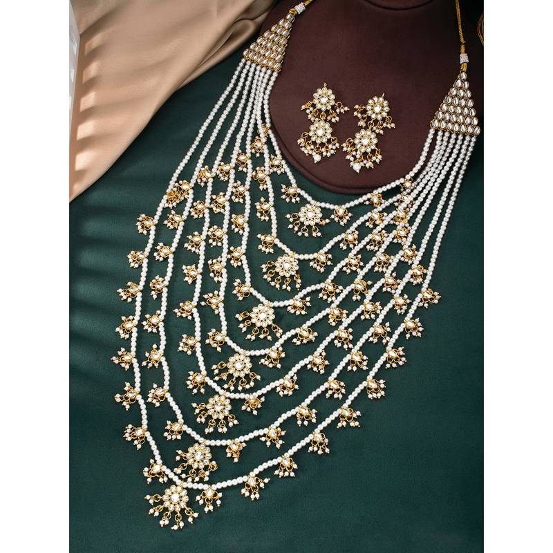 Aheli traditional white floral multi layered necklace earrings jewellery set for women